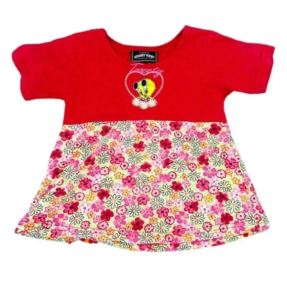Vintage Other - Vintage Kids Looney Tunes Tweety Bird Red Floral Dress Size 4T